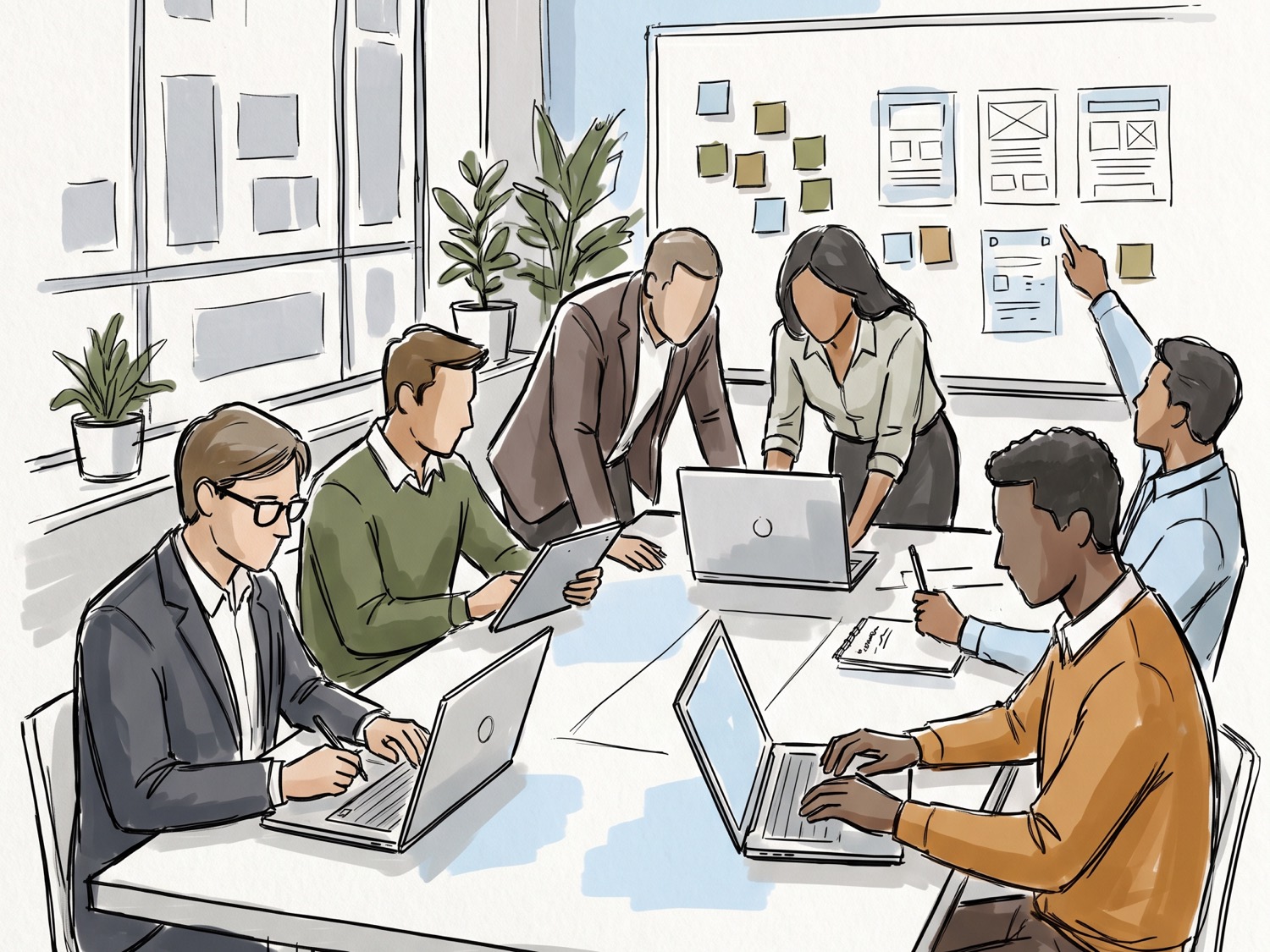 A team working together around a table on laptops, building agents alongside a whiteboard of plans