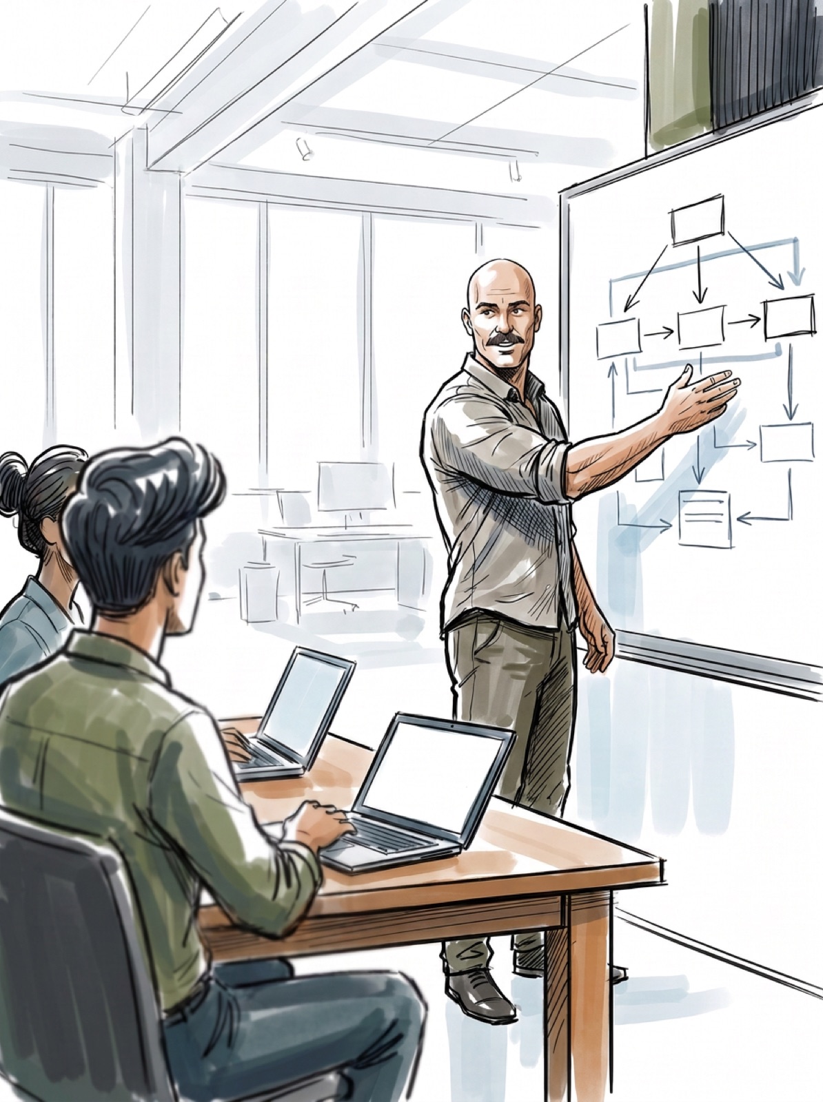 A founder teaching an AI workshop, walking a small team through an agent flow diagram on the whiteboard while they follow along on laptops